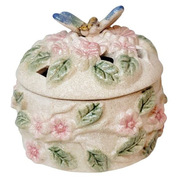 Vintage Potpourri Trinket Box Lidded Jewelry Box With Dragon Fly Floral - Picture 3 of 12